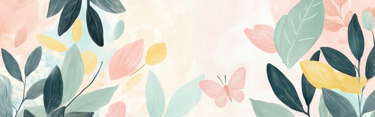 Poster - Spring collage with pastel colors showcasing vibrant foliage and delicate butterflies in a serene arrangement
