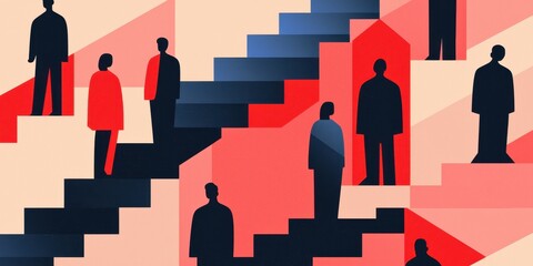 Poster - Abstract illustration depicting silhouettes of people on colorful stairs, conveying themes of progress and movement.