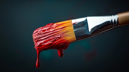 Poster - Paintbrush is dripping with red paint, creating a messy and chaotic scene. The brush is likely being used to create a piece of art