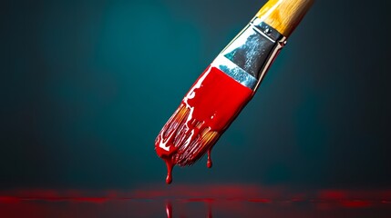 Poster - Red paint brush with red paint dripping from it. The brush is on a table or a surface