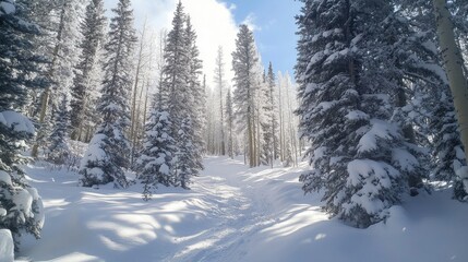 Poster - Snow-covered forest path inviting exploration in a serene winter landscape