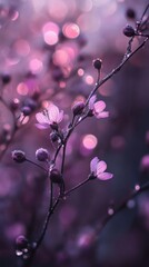 Poster - Soft lilac and deep plum bokeh lights illuminate delicate blossoms in a serene setting at twilight