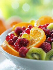 Poster - Fresh fruit salad featuring oranges, kiwis, and berries in a bright kitchen setting during summer