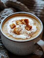 Poster - Creamy pumpkin soup served in a rustic bowl topped with croutons and dollop of cream