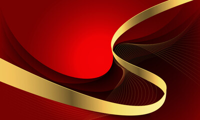 Poster - Abstract gold line ribbon curve overlap on red fabric wave design modern luxury elegant background vector