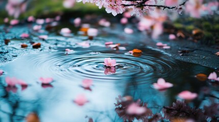 Aufkleber - Vibrant spring moment with cherry blossoms floating on water in a serene puddle
