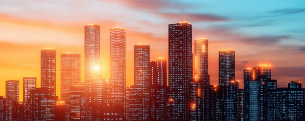 Poster - A stunning skyline at sunset, showcasing tall buildings illuminated by warm golden hues against a vibrant blue sky.