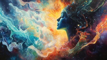 Poster - Surreal representation of a glowing woman surrounded by cosmic colors and ethereal forms in a dreamlike setting