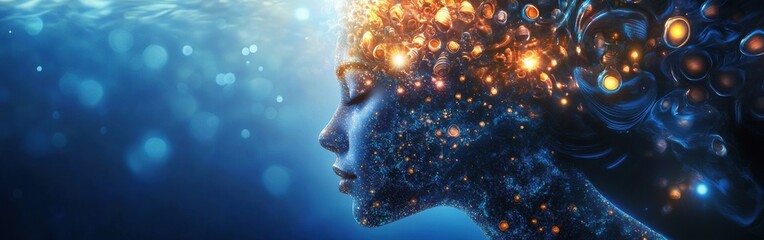 Aufkleber - Surreal depiction of a glowing woman submerged in an ethereal underwater world