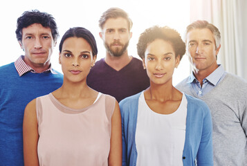 Poster - About us, portrait and serious with business people together in office for company growth or cooperation. Collaboration, design and mission with confident employee team in startup for development