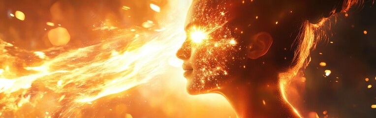 Poster - Surreal depiction of a glowing woman exuding energy in a fiery backdrop at dusk