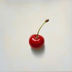 Poster - Ripe red cherry with green stem resting on a neutral background in soft light