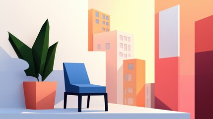 Poster - A minimalistic scene featuring a blue chair beside a potted plant, set against a backdrop of abstract, colorful buildings.