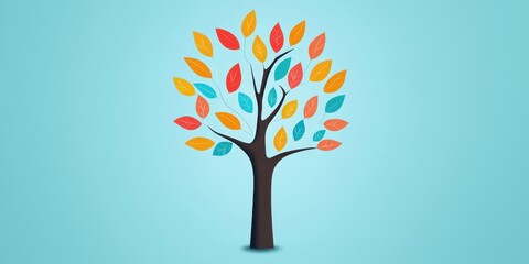 Poster - A colorful tree with vibrant autumn leaves against a light blue background, symbolizing nature and seasonal change.