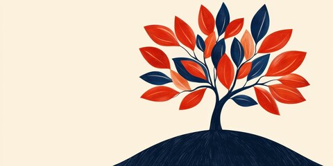 Poster - A stylized tree with vibrant red and blue leaves is depicted on a simple background, symbolizing nature and creativity.