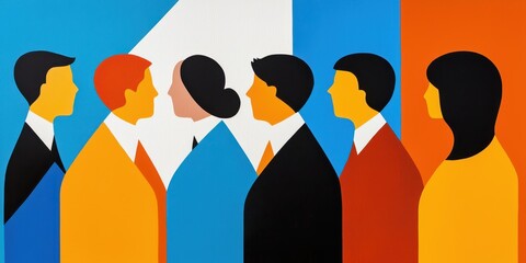 Poster - A colorful, abstract illustration featuring six stylized figures facing each other, showcasing diversity and interaction in a modern art style.
