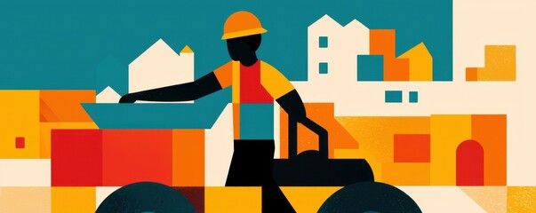 Poster - A colorful illustration depicting a construction worker operating machinery, with stylized buildings in the background.