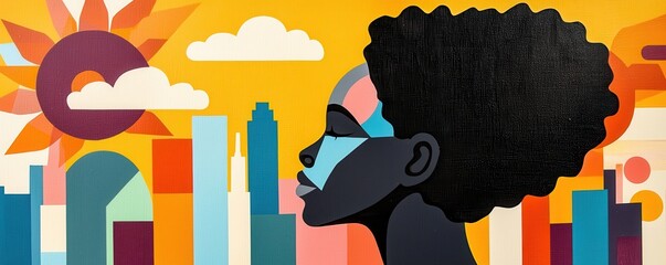 Poster - A colorful mural depicting a profile of a woman against a vibrant cityscape and sun, celebrating culture and creativity.