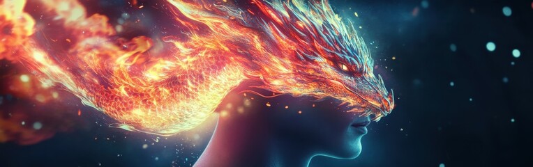 Aufkleber - Mystical profile of a man with a fiery dragon emerging from his head in a surreal, vibrant atmosphere