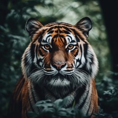Poster - Sharp close-up of a tiger’s face showcasing its intense gaze and striking features in a natural setting