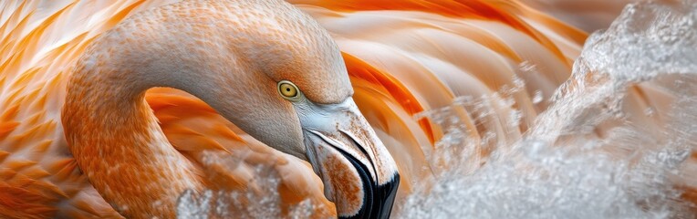 Poster - Flamingo displaying vibrant colors and striking features against a blurred water background during golden hour