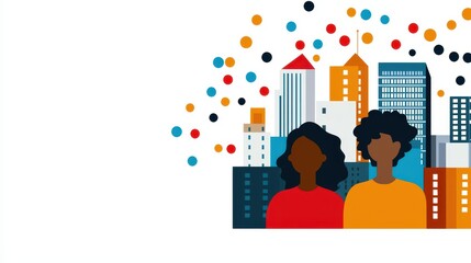 Poster - A vibrant illustration of two figures in front of a colorful city skyline, representing community and urban life.