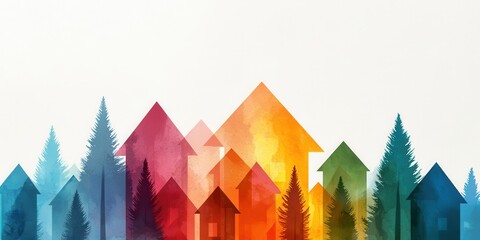Poster - A colorful watercolor illustration of various houses and trees, showcasing vibrant shades of red, orange, green, and blue in an artistic style.