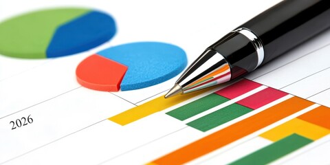 Poster - A close-up of a pen over colorful charts and graphs, illustrating data analysis or financial reports, with a focus on trends and statistics.