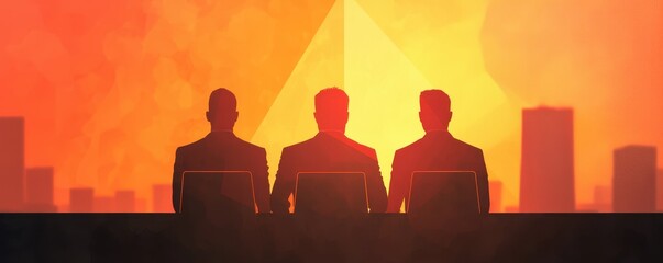 Aufkleber - Three silhouetted figures watch a vibrant sunset behind a pyramid, creating a mysterious and contemplative atmosphere.