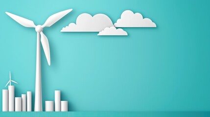 Poster - A minimalist illustration featuring wind turbines and clouds against a turquoise background, symbolizing renewable energy and sustainability.
