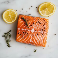 Poster - Fresh salmon steak with marbling garnished by herbs and lemon slices on a marble countertop ready for cooking