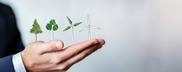 Aufkleber - A hand displays miniature models of trees and wind turbines, symbolizing sustainability and environmental awareness.