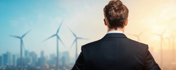 Poster - A businessman stands facing wind turbines against a city skyline, symbolizing the intersection of industry and renewable energy.