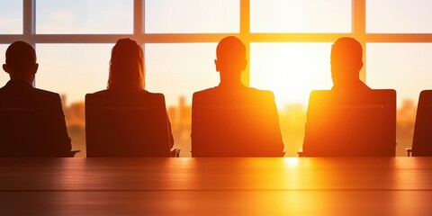 Poster - Silhouettes of individuals sitting at a table, facing a bright sunset through large windows, creating a serene yet professional atmosphere.