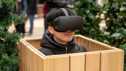 Poster - A young person wearing a VR headset stands inside a wooden box, surrounded by greenery, engaged in a virtual experience.