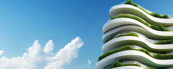 Aufkleber - Modern architectural building with curved lines and green terraces against a blue sky, showcasing innovative design and sustainability.