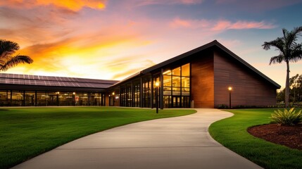 Poster - A modern building with large windows, set against a vibrant sunset, surrounded by green grass and palm trees, creating a serene and inviting atmosphere.