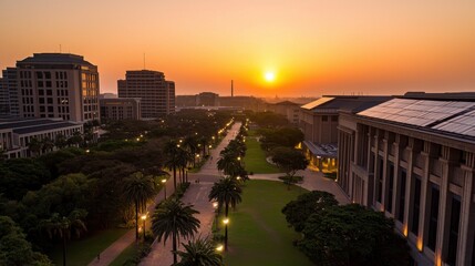 Poster - A serene sunset illuminates a cityscape, showcasing modern buildings, palm trees, and walkways, creating a peaceful urban atmosphere.