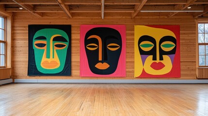 Poster - Three vibrant abstract face paintings adorn a wooden wall, showcasing bold colors and geometric shapes in a spacious, well-lit room.
