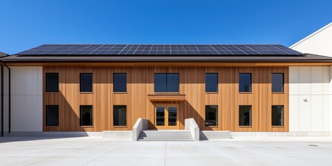 Poster - A modern wooden building with solar panels, featuring large windows and a welcoming entrance, set against a clear blue sky.