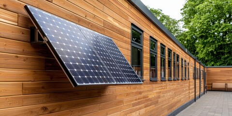 Poster - A solar panel is mounted on a wooden wall, showcasing sustainable energy solutions in an eco-friendly environment.