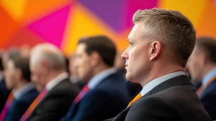 Poster - A focused audience listens attentively at a conference, showcasing a mix of engagement and professionalism against a vibrant backdrop.