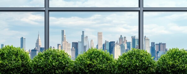 Poster - A lush green view framed by a modern window showcases a vibrant city skyline under a partly cloudy sky.