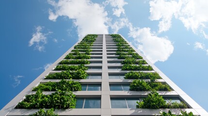 Poster - A modern building with vertical gardens, showcasing greenery against a blue sky, representing eco-friendly architecture and urban sustainability.