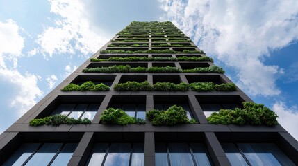 Poster - A modern, green skyscraper featuring vertical gardens against a backdrop of blue skies and clouds.