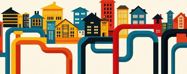 Poster - A vibrant illustration of colorful houses interconnected by winding pipes, symbolizing urban design and infrastructure.