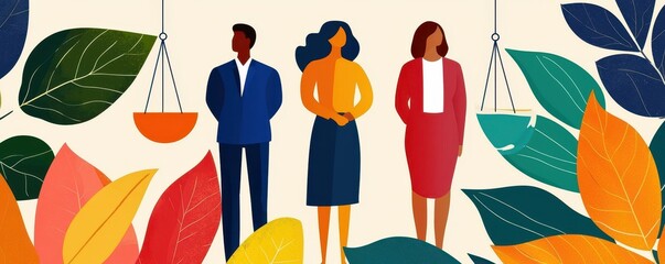 Poster - A colorful illustration featuring three diverse individuals standing amidst vibrant leaves, symbolizing balance and justice.
