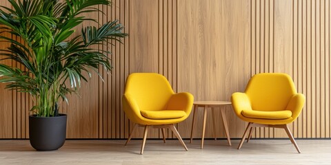 Poster - A modern interior featuring two yellow chairs paired with a small table, complemented by a green plant against a wooden wall.