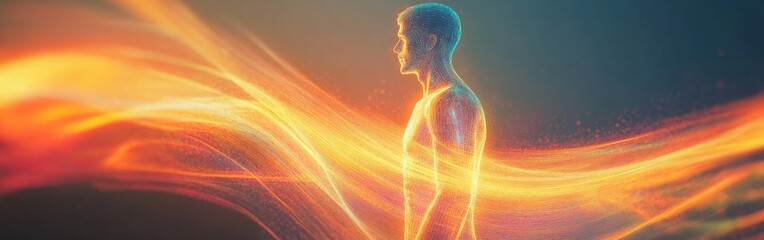 Aufkleber - Glowing man surrounded by vibrant colors in a surreal atmosphere during a moment of introspection