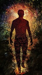 Aufkleber - Man emits a radiant glow while surrounded by intricate patterns in a mystical forest setting at dusk